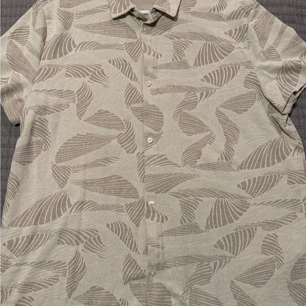 Express Tan Casual Button Down Shirt with Leaf Pattern